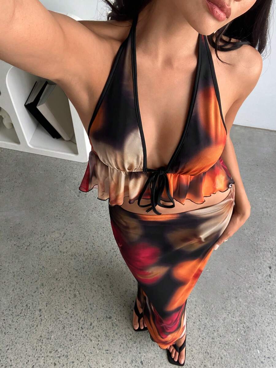 Aloruh 两件套女士新款性感优雅复古浪漫印花扎染深V露背吊带短款上衣和高腰修身半裙套装，度假装，夏季女装两件套，女士度假装，女士沙滩装，女士度假套装