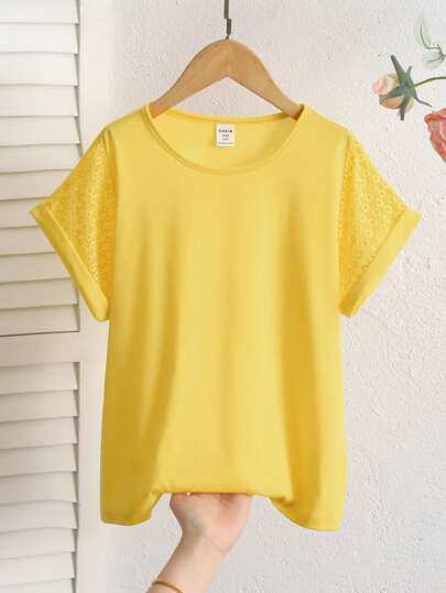 SHEIN Tween Girls' Cor sólida Malha Gola redonda Solta Casual Férias Manga curta T-shirt