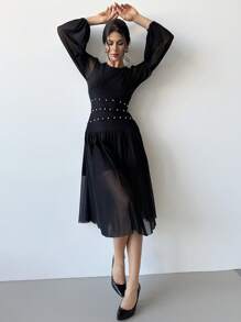 SHEIN Privé 女士优雅简约浪漫日常/工作珍珠装饰透明 A 字型中长黑色连衣裙，适合约会、开斋节、情人节 - 黑色 - 查看 3