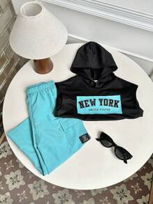 SHEIN 2pcs/Set Young Boy Casual Korean Style Letter Print Raglan Hoodie And Wide Leg Sweatpants Set, Suitable For School, Garden, Beach, Birthday, Spring/Summer/Autumn/Winter - Blue - View 7