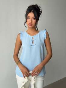 Chiquease Women Casual Solid Color Round Neck Cap Sleeve Bow Blouse, Spring/Summer