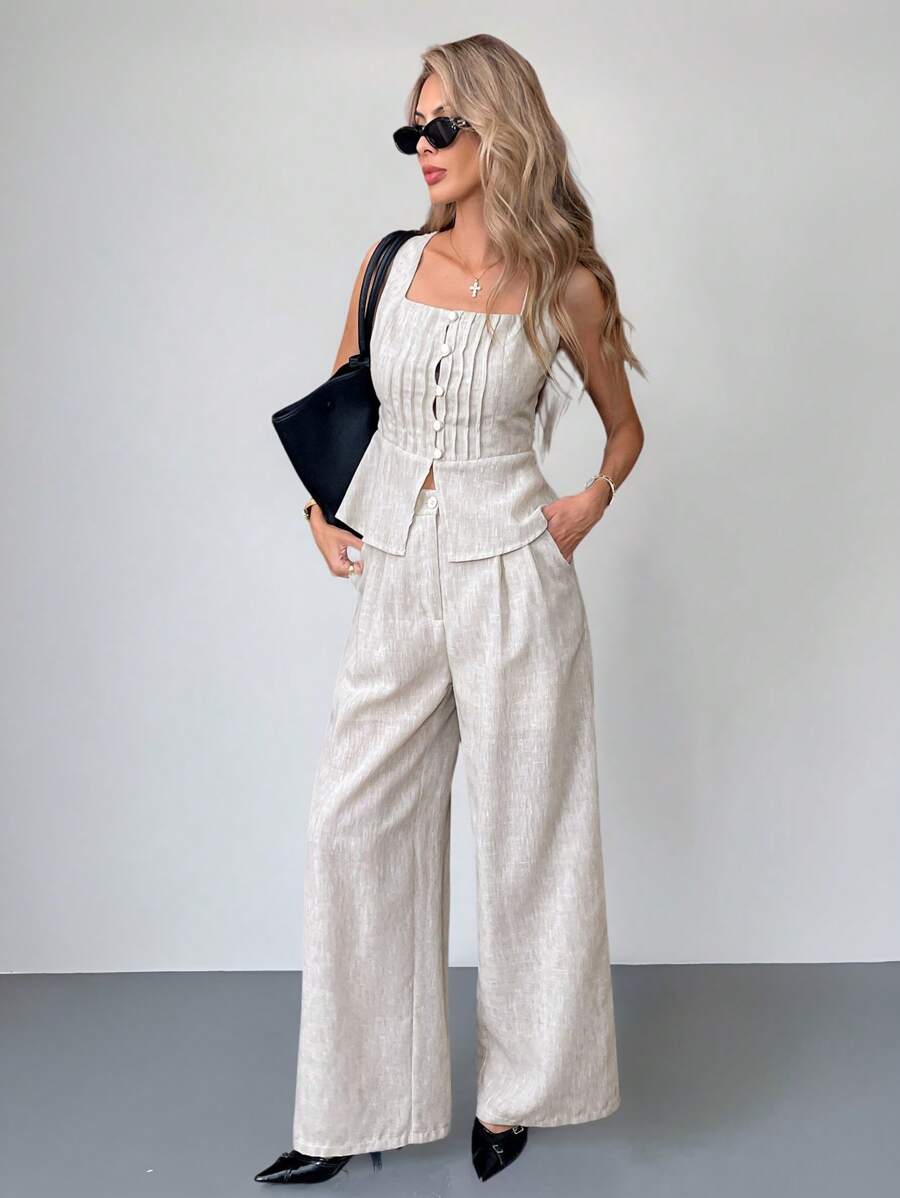 SHEIN Essnce Summer Women's Linen Suit Solid Color Minimalist Style Elegant Casual Commuter Suit Female - Apricot - View 1