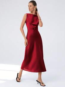 Aveloria Modichic Váy không tay hở lưng đơn giản, thiết kế thanh lịch, lãng mạn, chất liệu satin đỏ cho nữ - Màu Đỏ Sâu - Xem 3