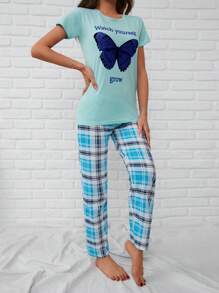 RueChic Butterfly And Plaid Print PJ Set - Multicolor - View 5