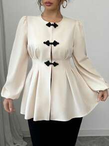 Elenzga 传统中国风圆领撞色束腰通勤休闲法式优雅舒适A字长袖衬衫，适合春夏季