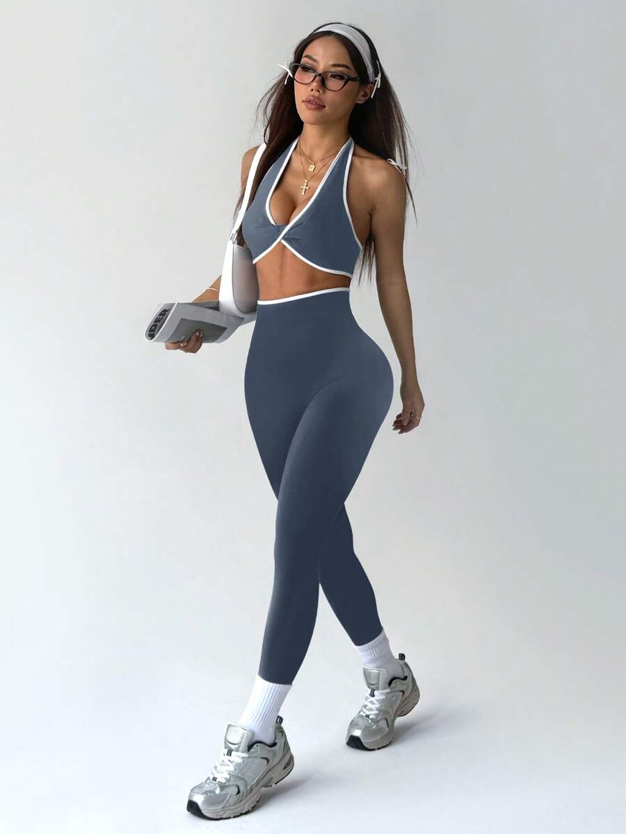 Slayform Women's Contrast Trim Cropped Racerback Tank & Leggings Yoga Sports Suit Workout Women Sets - Grey - View 1