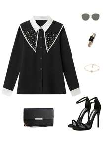 Elenzga Women's Patchwork Collar Pearl Decor Color Block Sleeve Long Sleeve Blouse - Black - View 3