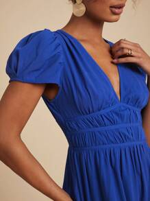 Travachic 女式褶皱 V 领蓝色泡泡袖连衣裙、休闲度假装、度假夏季沙滩装、女士连衣裙、女士度假装 - 藍色 - 查看 4