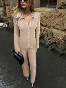 Aloruh Casual Solid Color Front Button Knit Top And Pants Two Pieces Set - Khaki - View 6