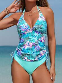 Swim Lushoire Women's 2 Pieces Tankini Swimwear Set, Halter Neck With Adjustable Straps, Drawstring Waist, V-Neck Flatter Design, Casual & Comfortable For Vacation Swimming For Summer