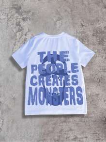 SHEIN Tween Boy 'The People Creates Monster 'Graphic Round Neck Short Sleeve Blue T-Shirt