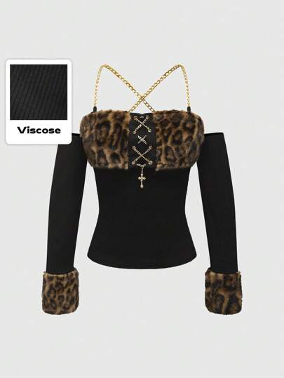 Grunge Punk Corpiño ajustado con mangas con estampado de leopardo y parches de piel sintética en estilo Gyaru Harajuku Y2K