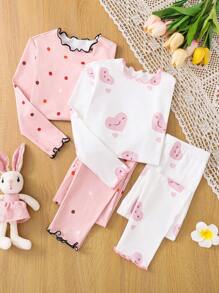 SHEIN Leap Crew 2pcs/Set Young Girl Knit Heart & Polka Dot Crew Neck Top And Knit Pants Loungewear Set - Dusty Pink - View 1