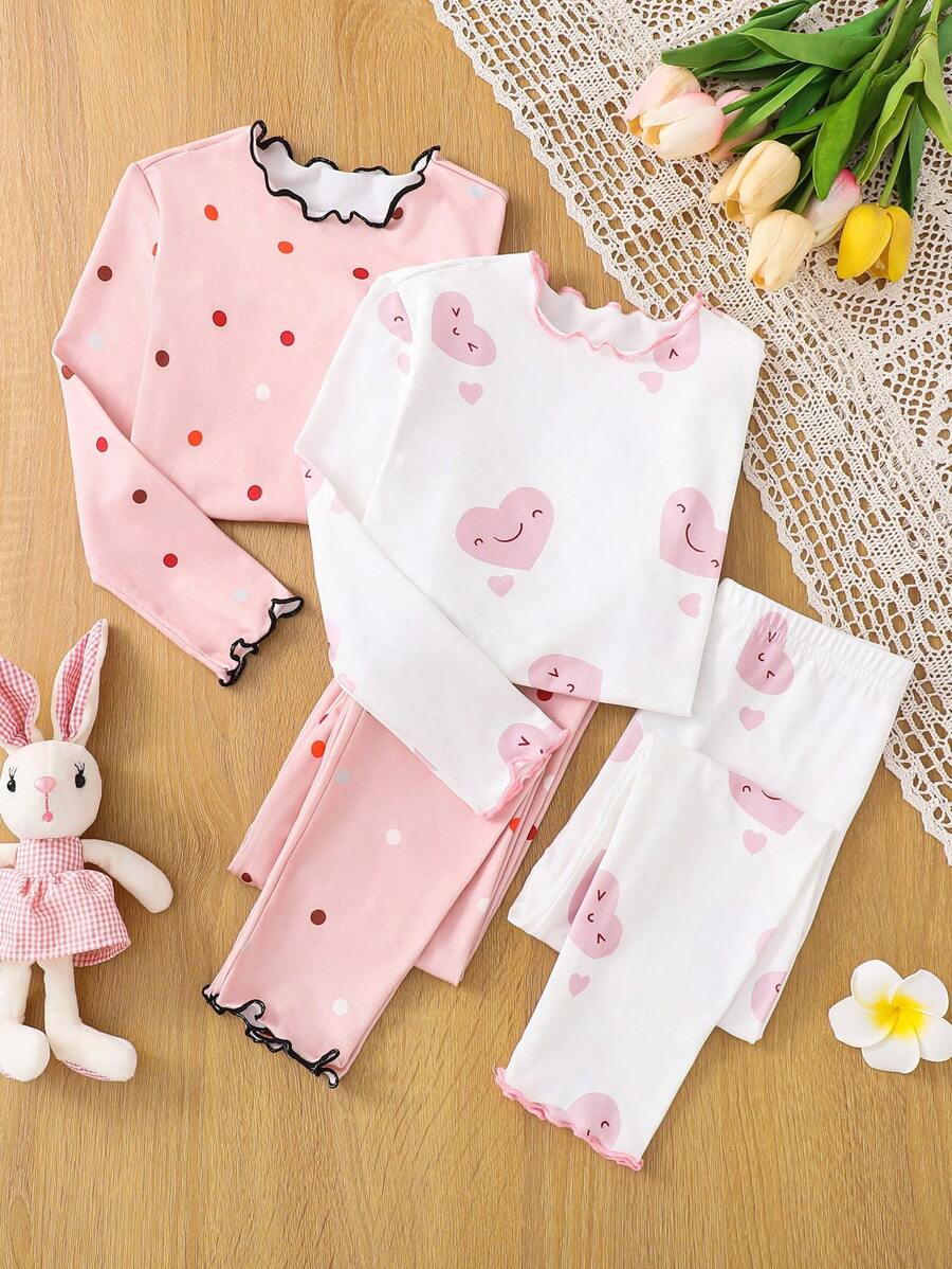 SHEIN Leap Crew 2pcs/Set Young Girl Knit Heart & Polka Dot Crew Neck Top And Knit Pants Loungewear Set - Dusty Pink - View 1