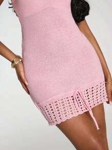 SHEIN BAE Robe en maille courte avec attache à la taille sexy pour femmes - Rose bonbon - Voir 8