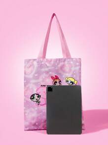 THE POWERPUFF GIRLS X SHEIN Women Cute Blossom, Bubbles, Buttercup Pattern Convenient Pink Tote Bag - Multicolor - View 2