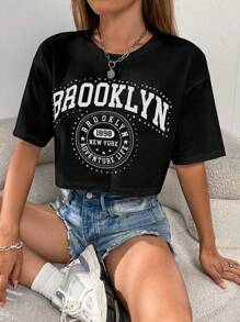 SHEIN Unity Letter Graphic Drop Shoulder Tee Graphic Tees Women Tops - Black - View 6