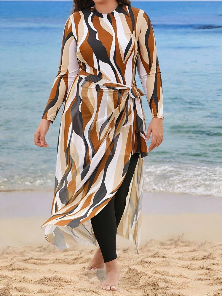 Swim Shayni Plus Size Women 3 Pieces Set: Mid-Length Geometric Retro Print Top With Long Mesh Skirt And Solid Color Pants, Modest Swimsuit Set For Style, Summer Beach Vacation - Multicolor - View 4