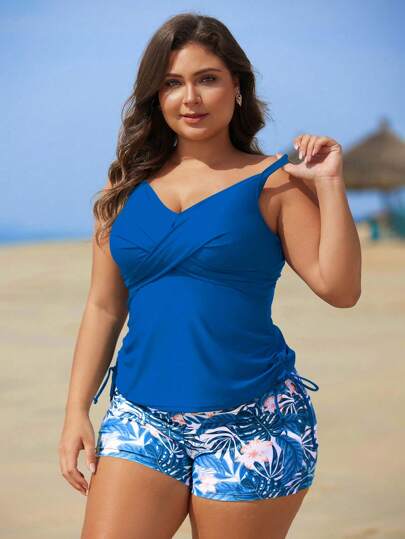 Swim Lushoire Plus Size Women 2pcs Random Floral Print Camisole Top And Tankini Bottoms Swimwear Beach Vacation Set For Summer
