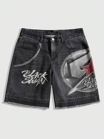 Street Life Pantaloncini di jeans casual sciolti da uomo con stampa di lettere e stelle sulla tasca