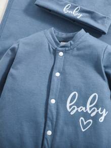 新生儿 5 件套春夏针织连体衣、口水围兜、毛毯、帽子、英文字母休闲服装家具 - 藍色 - 查看 3