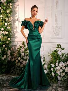 Glamrae Elegant Luxurious Rhinestone Decorated Mesh Mermaid Fishtail Gown With Train, Suitable For Wedding, Party, Holiday, Gala, Evening Formal Dress, Wedding Guest Dress