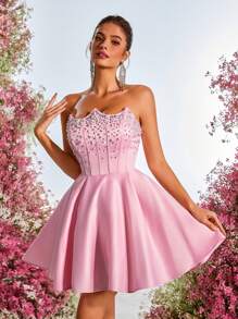 Lovelzi Elegant, Romantic, Dignified, Summer, Pink, Satin, Hot Rhinestone, Computer-Made Beads, Faux Pearls, Fishbone Waist, A-Line, Back Straps, Festival, Music Festival, Vacation, Date, Wedding Event, Dance, Cocktail Dress, Party Dress, Wedding Guest Dress, Prom Dress,Graduation,Graduation Dresses For Women,Back To School Dress - Pink - View 7