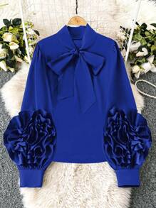 DreamSkyne Court Retro  Plus Size Black 3D Floral Contrast Color Long Sleeve Shirt - Blue - View 6