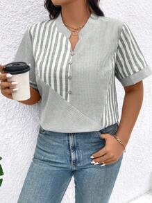 EMERY ROSE Plus Size Women Striped V-Neck Short Sleeve Casual Shirt - Grey - View 4