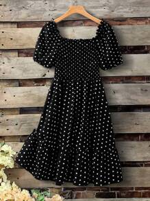 SHEIN Clasi Plus Size Polka Dot Print Short Sleeve Square Neck Simple Casual Dress - Black and White - View 2