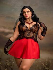 Plus Size Lace Patchwork Retro Vintage Full Coverage Lingerie - Red - View 3