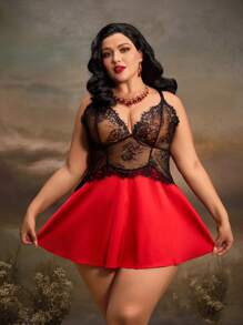 Plus Size Lace Patchwork Retro Vintage Full Coverage Lingerie - Red - View 7