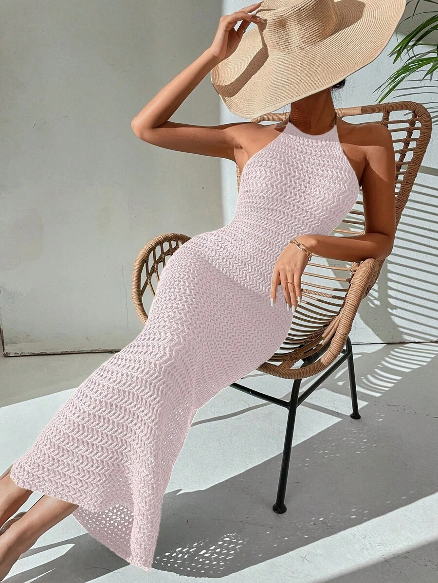 Breezaya Robe dos nu à encolure montante transparente avec lacets de couleur unie - Rose bonbon - Voir 1