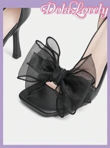 Dola Lovely Women's New Fashion Cute Lolita Bow Decor Pearls Silk Ribbon Wedding Party White Chunky High Heel Sandals - Black - View 6