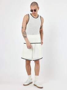 SUMWON Setelan Tank Top Rajut Bertekstur Premium untuk Musim Panas, Pakaian Olahraga Santai, Dua Potong Tanpa Lengan untuk Latihan Basket, Setelan Jala dengan Trim Kontras, Pakaian Olahraga Urban Modern - Krem - View 8