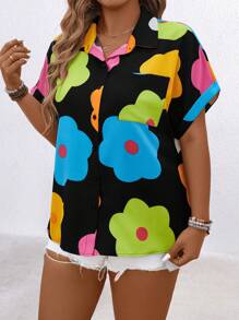 SHEIN LUNE Plus Size Colorblock Floral Print Short Sleeve Shirt