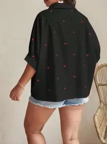 Elaquor 大码女式心形印花短袖纽扣休闲衬衫 - 黑色 - 查看 2
