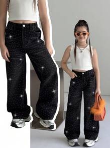 Tween Girls Fashion Rhinestone Starry Sky Washed Black Denim Jeans - Black - View 1