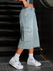 SHEIN ICON Quần Jeans Cargo Dài 3/4 Phong Cách Đường Phố Kiểu Mỹ Cho Nữ - Màu xanh lam - Xem 4