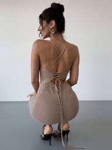 Firerie New Elegant Apricot Deep V-Neck Hollow Out Backless Cross Strap Fitted Crochet Spaghetti Strap Dress, Vacation Style, Spring/Summer Concert Rave Outfit Women