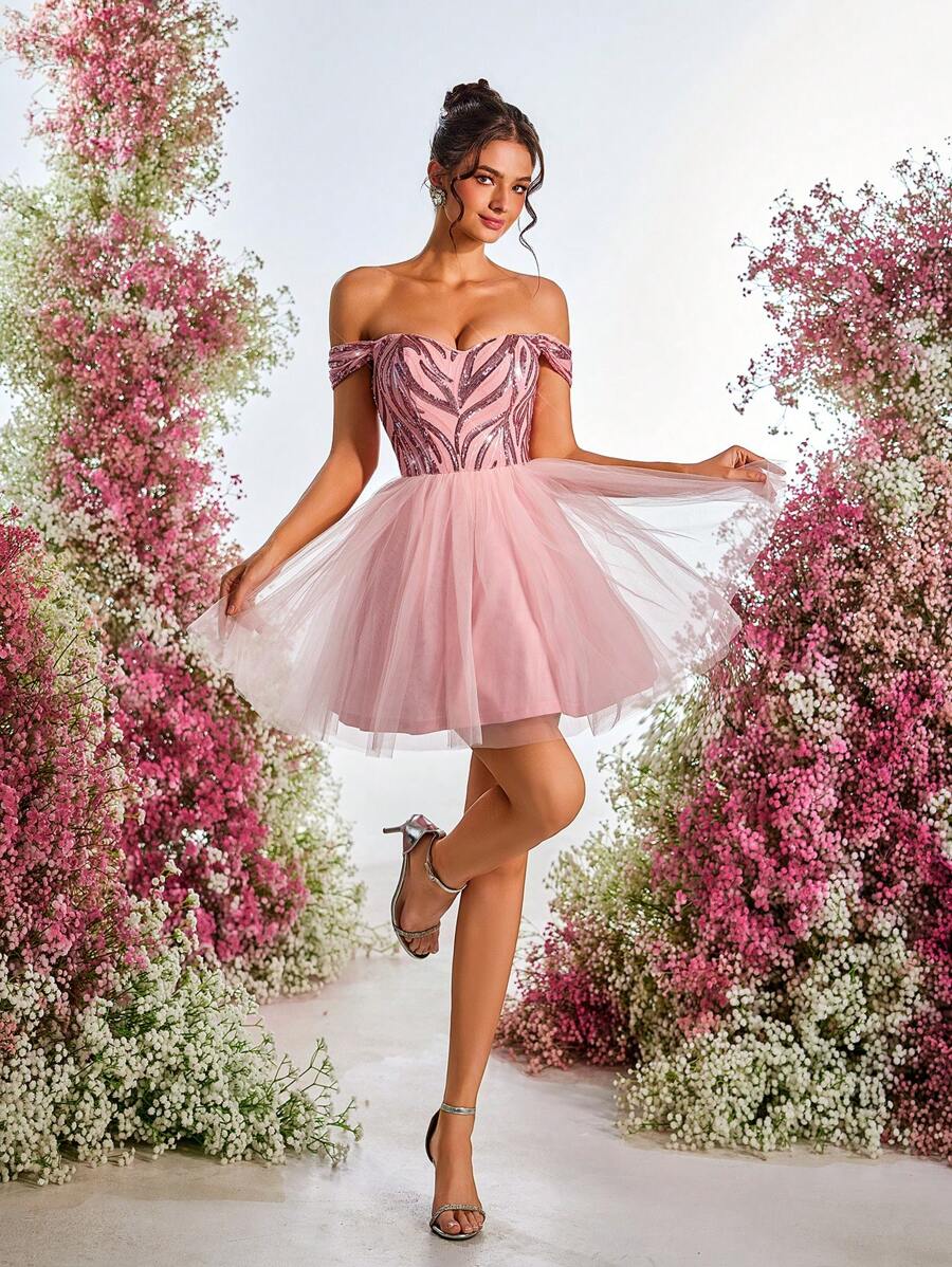 Lovelzi Vestido corto de princesa con un hombro, de línea A, de tela de malla con lentejuelas, elegante, romántico, lindo, de estilo hada, para primavera y verano, color rosa, adecuado para vacaciones, festivales, invitados de boda, graduación, ceremonias de apertura, fiestas de cumpleaños, bailes, vestido de graduación. - Rosa - Ver 1