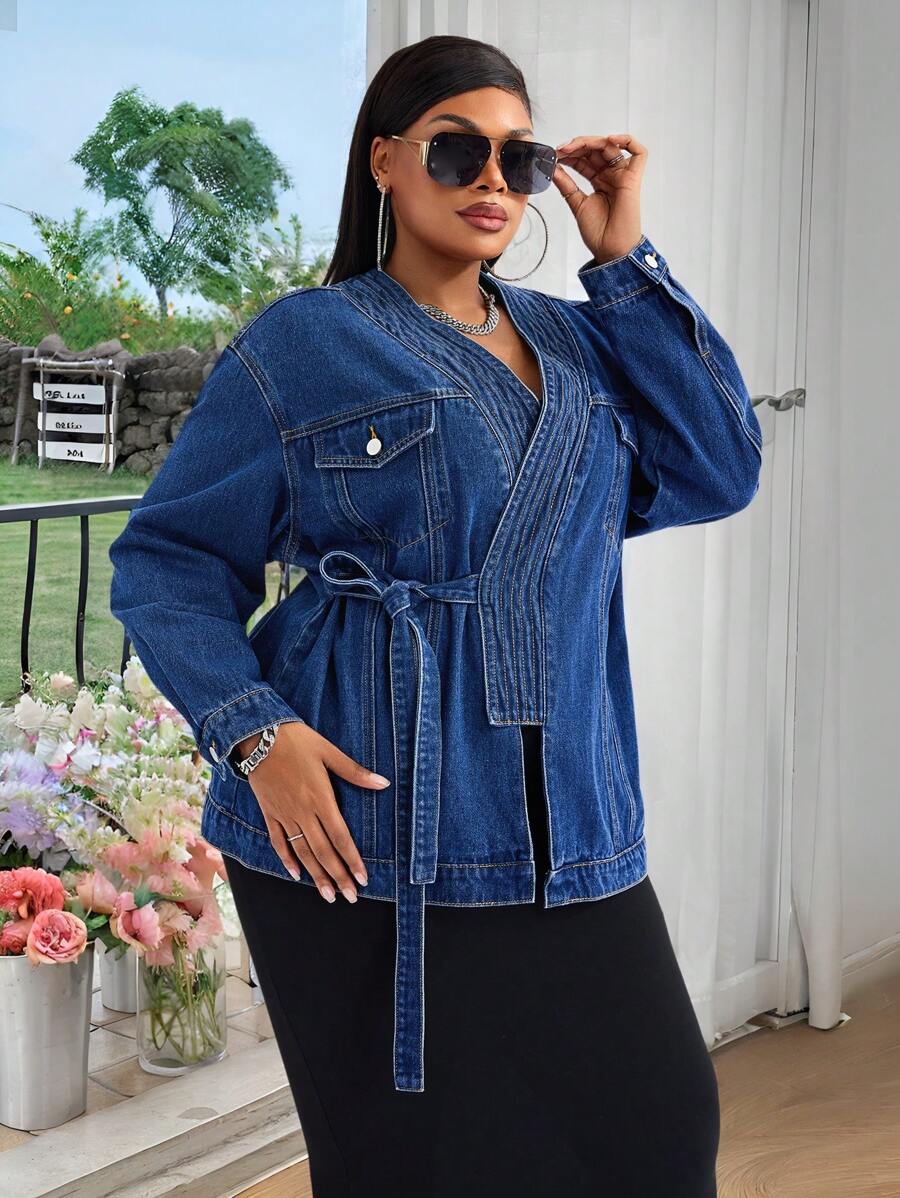 Plus Size Old Money Denim Belted Kimono Cardigan Loose Denim Jacket - Dark Wash - View 1