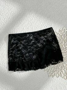 Swim Mod Vestido envolvente de playa con ribete de encaje negro, falda con cintura elástica como cubierta de traje de baño para mujer