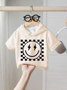 Young Boy Casual Minimalist Graphic Short Sleeve Hooded T-Shirt, Suitable For Summer