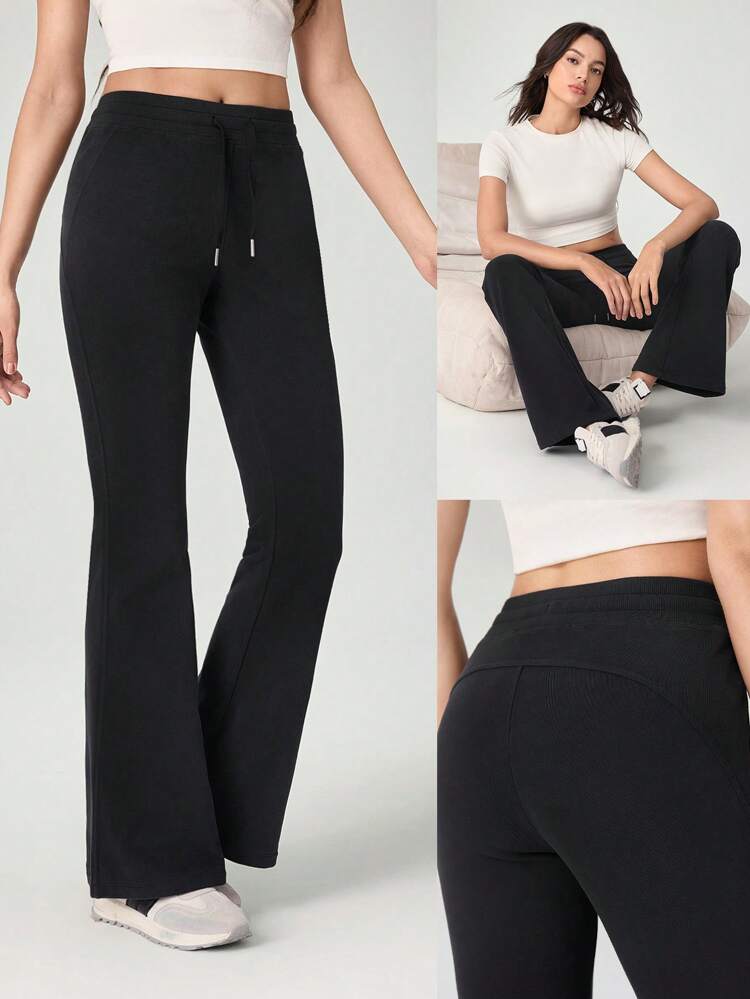 Everyday Fleece Flex Low Waist Adjustable Drawstring Waist Flare Pants With Back Pocket Daily Casual Full Winter