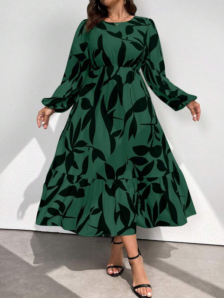 Elenzga 大码女式优雅植物印花圆领灯笼袖荷叶边下摆连衣裙，适合假日长款女装 - 綠色 - 查看 1