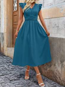 SHEIN Clasi Elegantes Damen Sommer Boho/Bohemien/Festival einfarbiges Kleid mit Rüschen-Saum und geraffter Taille, Maxikleid, Langes Kleid für Frauen