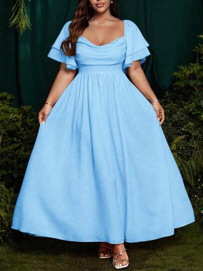 SHEIN Belle 大码女式优雅褶皱领口和袖子褶皱 A 字形长裙，飘逸飘逸，适合派对、婚礼、节日、复古风格