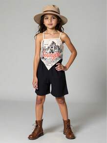 2025 Spring/Summer New Collection Casual & Comfortable Asymmetrical Hem Western Printed Camisole Top Paired With Black A-Line Pants, Tween Girl 2 Pieces Set, Suitable For Daily Wear, Outings, And Family Gatherings