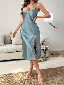 情人节两件套睡衣套装，女士优雅蕾丝拼接V领侧开衩吊带睡裙和系带睡袍，秋冬服装 - 青檸色 - 查看 5